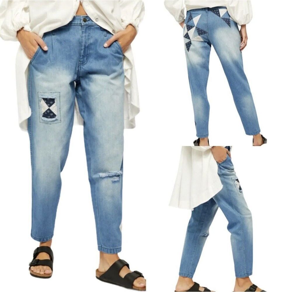 New Free People Women's Down To Earth Patchwork  Breezy Blue Jeans Size 27